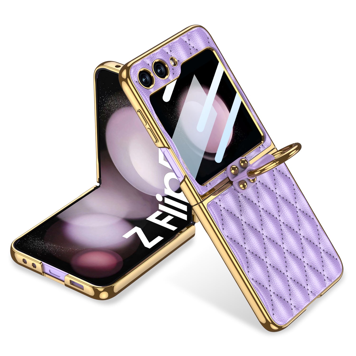 GKK For Samsung Galaxy Z Flip5 5G Rhombic Pattern Hard PC PU Phone Cover Metal Ring Kickstand Case with Small Screen Film GKK For Samsung Galaxy Z Flip5 5G Rhombic Pattern Hard PC PU Phone Cover Metal Ring Kickstand Case with Small Screen Film